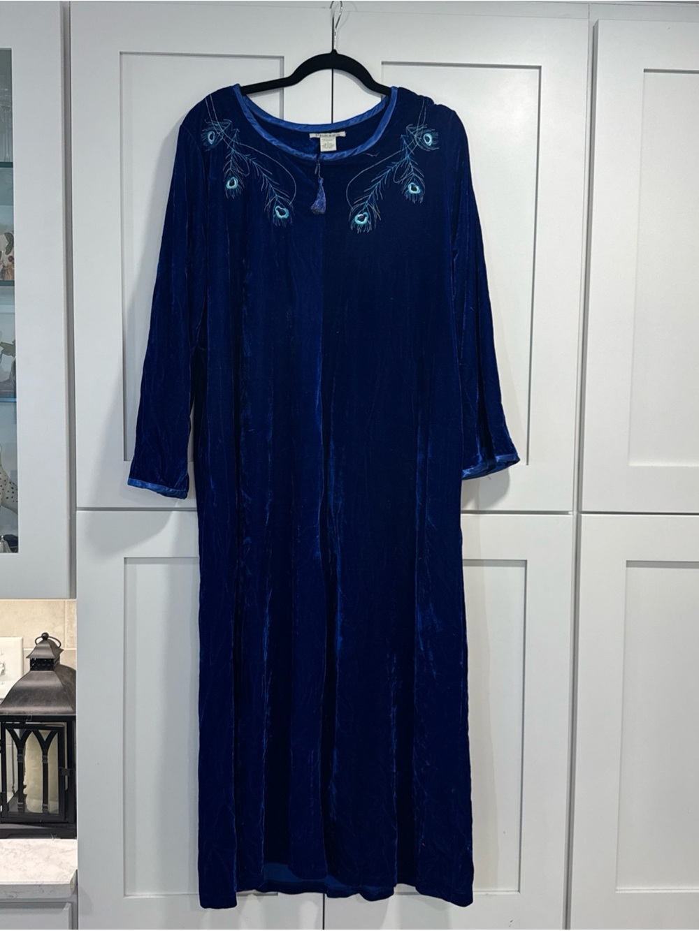 Vintage Phases Velvet Maxi Dress Peacock Embroidery Royal Blue L robe lounge